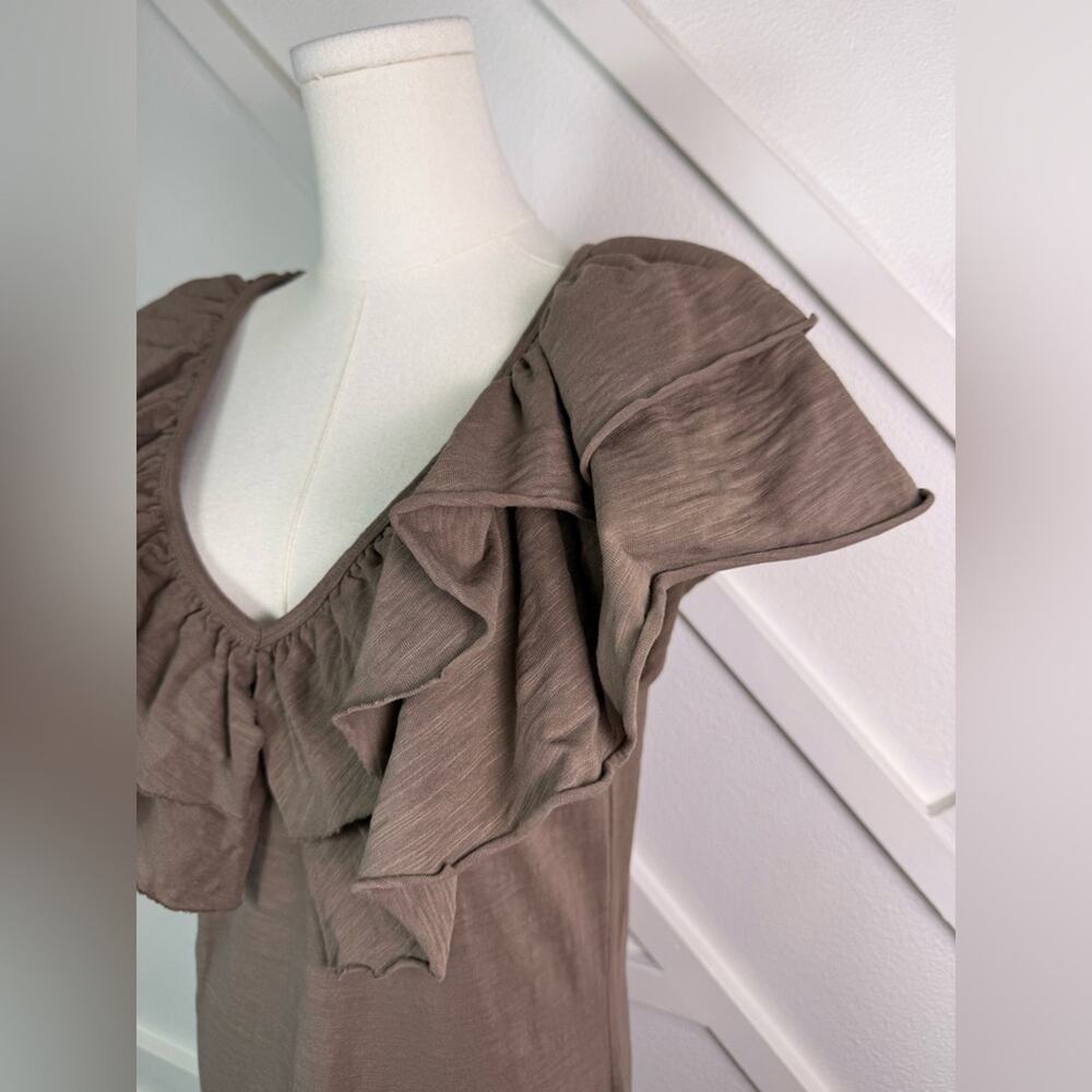 S’Edge Ruffle V-Neck Cotton Midi Dress Brown Taupe Soft Knit Tiered Hem Size M - Picture 3 of 11